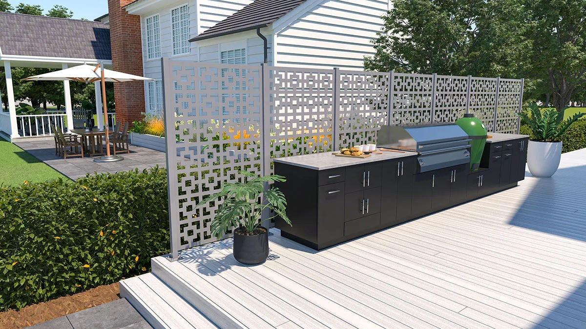 Grey Trex Privacy screen panels mounted on a deck behind an outdoor kitchen